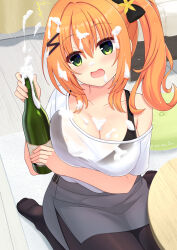 1girl ^^^ alcohol arm_under_breasts belt black_belt black_bow black_bra black_pantyhose blush bottle bow bra bra_visible_through_clothes breasts champagne champagne_bottle cleavage collarbone commentary_request eyes_visible_through_hair foam green_eyes grey_skirt hair_between_eyes hair_bow hair_ornament hairclip hamidashi_creative highres holding holding_bottle indoors knees_out_of_frame large_breasts looking_to_the_side medium_hair nanatsu_(na_na_tsu) no_shoes on_floor open_mouth orange_hair pantyhose pencil_skirt ryuukan_ameri see-through_clothes see-through_shirt shirt short_sleeves side_ponytail side_slit single_bare_shoulder sitting skirt soles solo surprised t-shirt twitter_username underwear wariza wet wet_clothes wet_shirt white_shirt