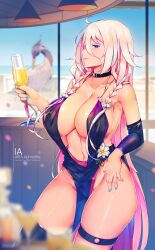 1girl absurdres ahoge alcohol alternate_breast_size armpits asymmetrical_legwear beach bird black_dress blue_eyes blurry blurry_background blurry_foreground braid breasts champagne character_name cleavage counter cup depth_of_field detached_sleeves dress drinking_glass from_side groin hand_on_own_hip highres holding holding_cup ia_(vocaloid) large_breasts lipstick long_hair looking_at_viewer makeup nail_polish navel no_panties ocean open_mouth pelvic_curtain pink_hair sideless_dress smile solo songjiangcc thigh_strap thighhighs underboob very_long_hair vocaloid wine_glass