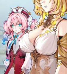 2girls absurdres aglaea_(honkai:_star_rail) bare_shoulders blonde_hair blue_hair blue_sky breast_tattoo breasts cleavage colored_tips commentary day derivative_work dress english_commentary foxyreine green_eyes hat highres honkai:_star_rail honkai_(series) hyacine_(honkai:_star_rail) large_breasts looking_at_another md5_mismatch multicolored_hair multiple_girls outdoors parted_lips pink_dress pink_hair pink_hat resolution_mismatch short_hair sky source_smaller tattoo twintails two-tone_hair white_dress yellow_pupils