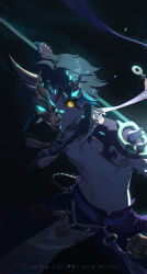 Rule 34 | 1boy, bead necklace, beads, black hair, blue hair, broken mask, genshin impact, gloves, half mask, highres, holding, holding polearm, holding weapon, jewelry, lofter username, looking at viewer, male focus, mask, multicolored hair, necklace, parted lips, polearm, rj (lingshih10), solo, spikes, twitter username, watermark, weapon, weibo watermark, xiao (genshin impact), yellow eyes