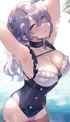 1girl aoto_neko arms_behind_head bikini blue_bikini blue_choker blue_eyes blue_one-piece_swimsuit breasts casual_one-piece_swimsuit choker cleavage collarbone frilled_choker frilled_one-piece_swimsuit frills grey_hair hair_over_one_eye highres long_hair medium_breasts one-piece_swimsuit original parted_lips solo swimsuit two-tone_one-piece_swimsuit tying_hair water wet white_one-piece_swimsuit