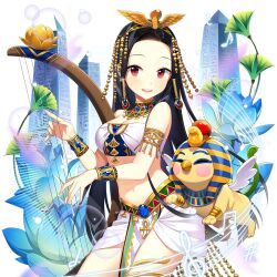 1girl :d anklet armlet bad_link bamboo bandeau bare_shoulders barefoot bell bikini black_hair blush bracelet breasts clarice_lapis cleavage collarbone copyright_name cowboy_shot crown earrings flower food fruit hair_ornament harp holding instrument jewelry jingle_bell leaf long_hair looking_at_viewer medium_breasts midriff navel necklace open_mouth parted_bangs red_eyes ribbon salt_(salty) simple_background sitting skirt small_breasts smile solo standing strapless swimsuit uchi_no_hime-sama_ga_ichiban_kawaii very_long_hair water weapon white_background white_skirt