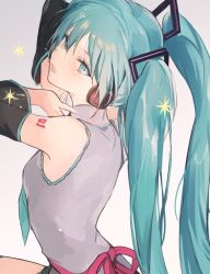 1girl aqua_eyes aqua_hair aqua_nails aqua_necktie aqua_stripes armpits bare_shoulders black_sleeves collared_shirt detached_sleeves grey_background grey_shirt hair_between_eyes hair_ornament hairclip hatsune_miku headphones long_hair looking_at_viewer looking_back looking_to_the_side lpip necktie number_tattoo open_mouth pink_ribbon ribbon shirt shoulder_tattoo sidelocks sleeveless sleeveless_shirt solo star_(symbol) striped_sleeves tattoo thighs twintails very_long_hair vocaloid yellow_star