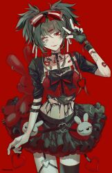 1girl :3 aegyo_sal animal_bag arm_at_side asymmetrical_legwear bag bandaid bandaid_on_arm bandaid_on_cheek bandaid_on_face black_bow black_choker black_gloves black_nails black_shirt black_skirt black_thighhighs bow bow_hairband choker cowboy_shot ear_piercing fang fingerless_gloves flat_chest frilled_skirt frills gauze gauze_on_arm gloves grey_hair hair_between_eyes hair_ornament hairband hand_up head_tilt heart heart-shaped_bandaid heart_hair_ornament highres jewelry kuroume_(aihikarikuroume24) leaning_to_the_side looking_at_viewer midriff nail_polish navel necklace one_eye_closed original piercing rabbit_bag red_background red_bag red_bow red_eyes ribbon ribbon-trimmed_hairband shirt short_hair short_sleeves shoulder_bag simple_background single_glove single_horizontal_stripe single_thighhigh skin_fang skirt solo thighhighs tongue tongue_out torn_clothes torn_shirt twintails two-sided_bow two-sided_fabric two-sided_ribbon w white_hairband white_ribbon