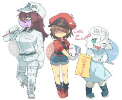 1boy 1girl ;d animal_ears belt blood blue_eyes blue_shorts boots box brown_hair character_name copyright_name cosplay cropped_jacket deltarune fang flag frown full_body furry furry_female furry_male glasses gloves goat_boy goat_ears goat_horns hat hataraku_saibou highres holding holding_box holding_flag holding_scalpel horns jacket knee_boots komugiko_(bitte_komu) kris_(deltarune) lace-up_boots long_hair looking_at_viewer one_eye_closed open_mouth pants platelet_(hataraku_saibou) platelet_(hataraku_saibou)_(cosplay) ralsei red_blood_cell_(hataraku_saibou) red_blood_cell_(hataraku_saibou)_(cosplay) red_hat red_jacket red_shoes scalpel shaded_face shoes short_hair shorts simple_background skin_fang smile standing susie_(deltarune) thigh_strap white_background white_blood_cell_(hataraku_saibou) white_blood_cell_(hataraku_saibou)_(cosplay) white_boots white_gloves white_hat white_jacket white_pants
