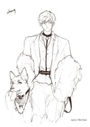 Rule 34 | 1boy, absurdres, animal collar, animal ear piercing, belt, blazer, buttons, chain, chain leash, collar, collarbone, collared shirt, commentary, copyright request, cropped legs, dog, dress pants, english commentary, fur shawl, greyscale, hair between eyes, highres, holding, holding leaf, jacket, leaf, leash, loen (shining nikki), looking to the side, male focus, monochrome, nikki (series), open belt, open clothes, open jacket, shawl, shining nikki, shirt, short hair, signature, simple background, sketch, solo, stars zhangzhang, thick eyebrows, tongue, white background