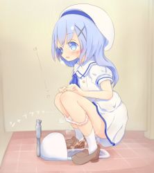Rule 34 | 1girl, 22m, bathroom, blue eyes, blue hair, blue neckerchief, blush, breath, brown footwear, dress, gochuumon wa usagi desu ka?, hair ornament, hat, heart, highres, kafuu chino, long hair, neckerchief, panties, panty pull, peeing, pink panties, school uniform, serafuku, shoes, short sleeves, socks, spoken heart, squat toilet, squatting, steam, toilet, toilet use, underwear, white dress, white hat, white socks, x hair ornament