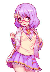 Rule 34 | 1girl, aikatsu!, aikatsu! (series), aikatsu stars!, flower, glasses, hair flower, hair ornament, highres, looking at viewer, mar10, nanakura koharu, pink-framed eyewear, purple eyes, purple hair, semi-rimless eyewear, signature, smile, solo, under-rim eyewear, upper body, white background