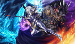 1990s_(style) 2boys armor bad_id bad_pixiv_id bishounen blue_eyes boots brothers cecil_harvey dissidia_final_fantasy dragon final_fantasy final_fantasy_iv gloves golbez grey_eyes ice magic male_focus miyano_(homura-mk) multiple_boys pauldrons polearm retro_artstyle shadow_dragon shoulder_armor siblings spear spikes weapon white_hair