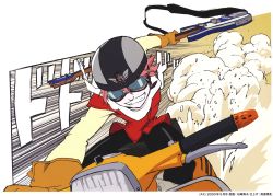 1girl electric_guitar flcl gloves goggles guitar haruhara_haruko helmet highres instrument motor_vehicle motorcycle motorcycle_helmet official_art pink_hair scooter short_hair smile solo sushio traditional_media vespa