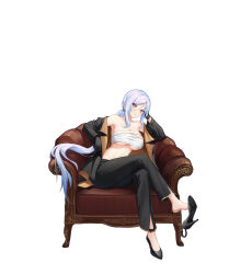 1girl armpits bare_shoulders black_gloves black_jacket black_pants black_shoes breasts bright_pupils chair chest_sarashi closers crossed_legs gloves hand_up head_rest high_heels highres jacket large_breasts long_hair long_sleeves looking_at_viewer low_ponytail mirae_(closers) off_shoulder official_art open_clothes open_jacket pants parted_lips ponytail red_eyes sarashi shoe_dangle shoes simple_background sitting solo stomach underboob very_long_hair white_background white_hair