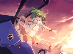 00s 1girl :d ahoge aircraft airplane bare_shoulders cockpit dress evening female_focus glass green_hair jet light_rays macross macross_frontier music open_mouth outdoors outstretched_arm ranka_lee red_eyes singing sketch smile solo standing sunlight sunset wristband xexu yellow_dress