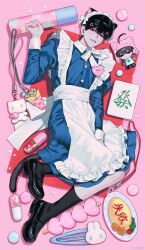1boy animal_ears apron black_eyes black_footwear black_hair black_socks blue_dress blush cat_boy cat_ears cat_tail charm_(object) colorful crossdressing dress food frilled_apron frills from_above full_body gyuing666 hairpin hand_up heart_pin highres legs_together long_skirt looking_at_viewer lying mahjong mahjong_tile maid maid_headdress male_focus male_maid multiple_hairpins omelet omurice on_back original parted_lips pill ribbon short_hair skirt socks solo star_pin tail white_ribbon