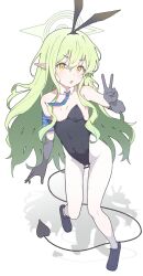 1girl absurdres armband black_gloves black_hairband black_leotard black_tail blue_archive blue_armband blue_necktie blue_shoes blush bow_hairband breasts collarbone commentary_request covered_navel demon_tail detached_collar elbow_gloves full_body gloves gluteal_fold green_hair green_halo hair_between_eyes hairband halo hand_up highres hikari_(blue_archive) korean_commentary leotard long_hair looking_at_viewer necktie open_mouth pantyhose playboy_bunny pointy_ears s10021 shadow shoes simple_background small_breasts solo standing strapless strapless_leotard tail v very_long_hair white_background white_pantyhose yellow_eyes
