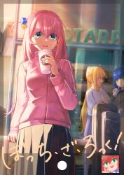 4girls absurdres ahoge black_shirt black_skirt blonde_hair blue_eyes blue_hair bocchi_the_rock! collared_shirt copyright_name cube_hair_ornament cup disposable_coffee_cup disposable_cup gotoh_hitori green_eyes hair_between_eyes hair_ornament highres holding holding_cup ijichi_nijika instrument_case jacket jaihu kita_ikuyo long_hair long_sleeves multiple_girls one_side_up open_mouth pink_hair pink_jacket pleated_skirt shirt short_hair skirt starbucks track_jacket white_shirt yamada_ryo