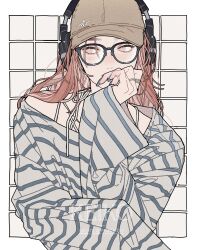 1girl blue_nails blue_stripes brown_hat covered_mouth fingernails glasses hand_up hat headphones highres keiko_(um7mr1) long_hair looking_to_the_side original red_eyes red_hair shirt solo striped_clothes striped_shirt upper_body