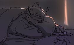 Rule 34 | 1boy, 1other, ahoge, beard stubble, commentary, english commentary, facial hair, highres, lab coat, lying, professor neroli, nintendo, on bed, open mouth, partially colored, pokemon, pokemon go plus, pokemon sleep, round eyewear, sleep mask, sleeping, stubble, unworn eyewear, vu06, zzz