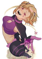 1girl absurdres black_shorts black_shrug black_thighhighs blonde_hair breasts bridal_gauntlets capella_emerada_lugnica clothing_cutout collar commentary crop_top english_commentary fangs hair_ornament hand_up highres liquid looking_at_viewer medium_breasts open_mouth purple_collar purple_eyes re:zero_kara_hajimeru_isekai_seikatsu sevenreii short_hair shorts shrug_(clothing) simple_background smile solo standing teeth thighhighs white_background