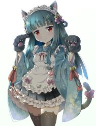 Rule 34 | alternate costume, animal ears, animal hands, apron, blue eyes, blush, breasts, cat ears, cat tail, closed mouth, gloves, hair ornament, highres, hime cut, idolmaster, idolmaster cinderella girls, long sleeves, maid, maid headdress, michii yuuki, paw gloves, red eyes, sajo yukimi, simple background, small breasts, smile, tail, thighhighs, wa maid, white background