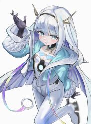 1girl blue_eyes breasts closed_mouth collarbone commentary_request eudie_(shadowverse) gloves grey_hair hair_between_eyes hair_ornament jacket long_hair looking_at_viewer shadowverse shadowverse:_worlds_beyond shoes small_breasts solo takasu_ponu white_background
