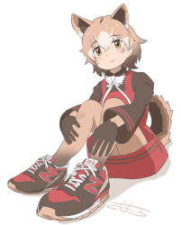 Rule 34 | 1girl, animal ears, black shoes, blush, bow, bowtie, brown eyes, brown gloves, brown hair, brown pantyhose, brown shirt, collared shirt, dog ears, dog girl, dog tail, dress, elbow gloves, extra ears, gloves, gradient pantyhose, hair between eyes, highres, kemono friends, looking at viewer, multicolored hair, multicolored shoes, new guinea highland wild dog (kemono friends), pantyhose, red dress, red shoes, sasakura (jgay7435), shirt, shoes, short sleeves, sidelocks, sitting, smile, sneakers, solo, tail, two-tone gloves, white bow, white bowtie, white hair, white shoes