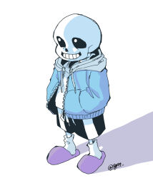 1boy black_shorts blue_jacket full_body grin highres hollow_eyes hood hoodie jacket male_focus pink_slippers sakekuzu_no_ame sans_(undertale) shadow shorts skeleton slippers smile standing teeth twitter_username undertale white_background white_eyes