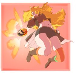 1girl 55bata6rou black_boots black_shirt black_shorts blonde_hair boots border breasts clenched_hands dynamic_pose ember_celica_(rwby) fingerless_gloves fire floating_hair full_body gauntlets gloves hair_over_one_eye highres leaning_back long_hair medium_breasts midair navel open_mouth outside_border purple_eyes red_background rwby shirt shorts solo white_border yang_xiao_long