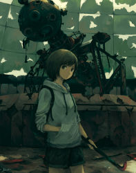 1girl backpack bag brown_eyes brown_hair closed_mouth commentary cowboy_shot crowbar dome female_focus hand_in_pocket highres holding holding_crowbar hood hood_down hoodie indoors kensight328 looking_at_viewer looking_to_the_side original post-apocalypse railing rubble ruins rust sculpture short_hair shorts signature sleeves_rolled_up solo standing swept_bangs wristband