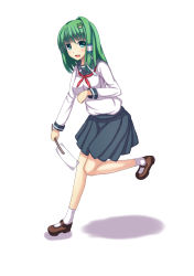 1girl alternate_costume blue_eyes bow contemporary female_focus gohei green_hair hair_bow haraegushi highres kochiya_sanae oonusa ponkotsu_(ayarosu) school_uniform serafuku snake solo touhou white_background