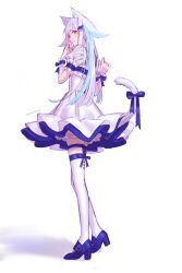Rule 34 | 1girl, absurdres, alternate costume, animal ear fluff, animal ears, blue hair, blue shoes, blue wrist cuffs, bow legwear, cat ears, cat girl, cat tail, closed mouth, commentary request, dress, frilled dress, frilled sleeves, frilled wrist cuffs, frills, from side, full body, hair ornament, hands up, high heels, highres, kemonomimi mode, legwear garter, lize helesta, long hair, looking at viewer, looking to the side, multicolored hair, nijisanji, puffy short sleeves, puffy sleeves, purple eyes, shadow, shoes, short dress, short sleeves, sidelocks, simple background, solo, standing, streaked hair, tail, tail under clothes, thighhighs, twitter username, two-tone hair, usasuzu, very long hair, virtual youtuber, white background, white dress, white hair, white tail, white thighhighs, wrist cuffs, zettai ryouiki