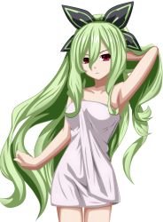 10s 1girl absurdres bow female_focus green_hair hair_bow hakozaki_chika highres long_hair looking_at_viewer naked_towel neptune_(series) open_mouth planeptune red_eyes simple_background solo towel transparent_background very_long_hair