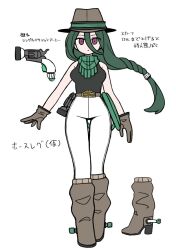 1girl bare_shoulders black_shirt boots breasts brown_boots brown_gloves brown_hat closed_mouth cowboy_boots cowboy_hat cowgirl_(western) gloves green_hair gun hair_between_eyes handgun hat long_hair looking_at_viewer medium_breasts original pants purple_eyes revolver shirt simple_background sleeveless sleeveless_shirt solo spurs thigh_gap translation_request unadare very_long_hair weapon white_background white_pants
