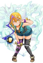arm_up armlet belt bent_over black_thighhighs blonde_hair boots breasts brown_boots cleavage dagger fox full_body futoku_no_guild ghost hair_between_eyes hair_ornament hand_on_knees holding holding_dagger holding_knife holding_weapon jacket jewelry knife koin_ronribasu large_breasts long_hair magyo one_eye_closed pigeon-toed short_shorts shorts simple_background sleeveless sleeveless_jacket smile smoke standing teeth thighhighs thighs tsurime v v-shaped_eyebrows weapon white_background yellow_eyes