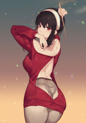 1girl ass back backless_dress backless_outfit bare_shoulders black_hair black_panties brown_background brown_pantyhose butt_crack caisan dress from_behind gradient_background grey_background long_hair looking_at_viewer looking_back off_shoulder panties pantyhose red_eyes red_sweater skindentation smile solo spy_x_family sweater underwear yellow_background yor_briar