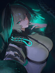 Rule 34 | 1girl, arknights, backlighting, breasts, commentary, distr, english commentary, glowing, glowing eyes, green eyes, grey hair, hand on own face, head wings, highres, ho&#039;olheyak (arknights), jacket, large breasts, looking at viewer, portrait, shirt, short hair, sketch, slit pupils, smirk, snake tail, solo, tail, white shirt, wings
