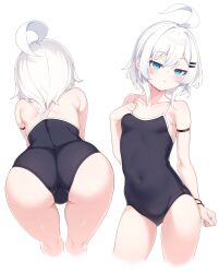 1girl ahoge arm_strap ass black_one-piece_swimsuit blue_eyes bracelet commentary_request covered_navel from_behind highres jewelry looking_at_viewer multiple_views one-piece_swimsuit original otokuyou paid_reward_available ringo-chan_(otokuyou) short_hair simple_background standing swimsuit thighs white_background white_hair