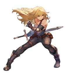 1girl belt belt_pouch black_gloves blonde_hair boots breasts brown_belt brown_boots brown_pants closed_mouth commentary couter dojen dynamic_pose fighting_stance floating_hair gloves green_eyes hair_between_eyes highres holding holding_sheath legs_apart long_hair looking_to_the_side medium_breasts original pants pouch sheath sheathed simple_background solo standing sword thigh_strap v-shaped_eyebrows vambraces very_long_hair weapon white_background