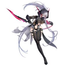 1girl black_leotard black_thighhighs breasts clothing_cutout dagger full_body gauntlets gloves grey_hair holding holding_dagger holding_knife holding_weapon hood hood_up knife large_breasts leg_up leotard long_hair looking_at_viewer mask mouth_mask multicolored_hair navel navel_cutout ninja official_art ponytail red_eyes red_hair see-through_clothes shadow_(starward) simple_background solo standing standing_on_one_leg starward streaked_hair thigh_gap thighhighs transparent_background underboob very_long_hair weapon white_background white_hair