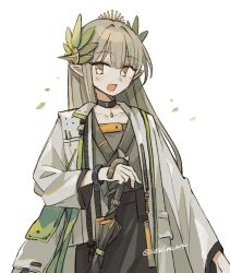 Rule 34 | 1girl, :d, arknights, coat, collarbone, commentary request, cowboy shot, elf, grey coat, grey eyes, grey hair, highres, holding, holding umbrella, infection monitor (arknights), lab coat, light blush, long hair, long sleeves, looking at viewer, mole, mole under eye, muelsyse (arknights), open clothes, open coat, open mouth, pointy ears, simple background, smile, solo, standing, sushi no ark, twitter username, umbrella, white background, yellow eyes