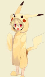 1boy age_regression aged_down ahoge bad_id bad_pixiv_id black_hair blonde_hair cosplay gen_1_pokemon kido_hyde long_sleeves male_focus multicolored_hair nintendo pikachu pikachu_(cosplay) pokemon red_eyes short_hair sleeves_past_wrists slippers solo two-tone_hair under_night_in-birth yusano
