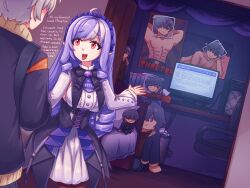 1boy 1girl ahoge azzypics black_jacket black_skirt character_doll commentary computer dress drill_hair dutch_angle english_commentary frilled_sleeves frills grey_hair high-waist_skirt highres indoors jacket long_hair long_sleeves open_mouth overskirt pink_hair pointy_ears poster_(object) showgirl_skirt skirt vivian_(zenless_zone_zero) white_dress wise_(zenless_zone_zero) zenless_zone_zero