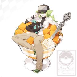 Rule 34 | 1boy, absurdres, black hat, black shirt, bracelet, brown pants, cape, cream, cube, dress shirt, elbow rest, facing to the side, food, fruit, green hair, green shoes, grey eyes, hat, highres, holding, holding food, jewelry, khaki pants, knee up, leaning back, long bangs, looking-down, looking at object, male focus, mango, n (pokemon), necklace, nintendo, nuumigranate, pants, parfait, partially unbuttoned, pokemon, pokemon (creature), pokemon bw, ponytail, shirt, shirt under shirt, shoes, sitting, size difference, sleeves rolled up, smile, spoon, watermark, whipped cream, white background, white shirt