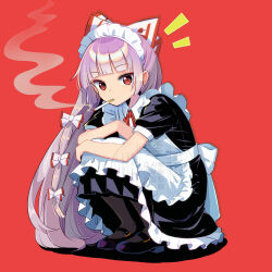 1girl alternate_costume apron black_dress black_pantyhose black_shoes bow cigarette dress enmaided fujiwara_no_mokou full_body grey_hair hair_bow harakune_(mugennero) highres long_hair looking_at_viewer maid maid_apron maid_headdress multiple_hair_bows neck_ribbon pantyhose red_background red_eyes red_ribbon ribbon shoes short_sleeves smoke smoking solo squatting touhou very_long_hair watermark white_apron