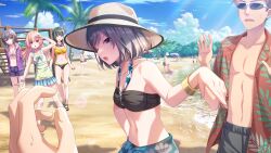 4girls akazaki_kokoro beach bikini breasts cleavage cloud dress faceless game_cg green_eyes green_hair grey_hair hat idoly_pride igawa_aoi jacket kanzaki_rio komiyama_ai medium_breasts multiple_girls navel official_art one_eye_closed open_mouth palm_tree pink_hair polka_dot polka_dot_dress purple_eyes railing short_shorts shorts side_ponytail stairs sunglasses swimsuit tree water
