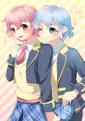 Rule 34 | 1boy, 1girl, akagi kurage, blue eyes, blue hair, blush, braid, crossdressing, dorothy west, highres, necktie, open mouth, pink eyes, pink hair, plaid clothes, plaid skirt, pleated skirt, pretty series, pripara, reona west, school uniform, short hair, skirt, standing, tagme, trap