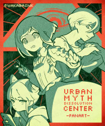 Rule 34 | 1boy, 2girls, border, closed mouth, collared shirt, commentary request, cone hair bun, copyright name, cowboy shot, double bun, eye of providence, frilled shirt, frilled sleeves, frills, fukurai azami, glasses, hair bun, holding, holding phone, holding removed eyewear, limited palette, long sleeves, looking at viewer, meguriya ayumu, multiple girls, open mouth, own hands together, phone, profile, red border, shaded face, shirt, short hair, standing, jasmine (toshi densetsu kaitai center), toshi densetsu kaitai center, unworn eyewear, wakabasnk