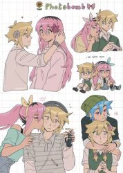 2boys 2girls ^_^ alternate_universe antenna_hair aqua_hairband aqua_nails aqua_shirt arms_at_sides aubrey_(faraway)_(omori) aubrey_(omori) bandaged_arm bandages bandaid bandaid_on_hand bare_shoulders basil_(faraway)_(omori) basil_(omori) beanie black_gloves black_hair blonde_hair blue_eyes blue_hair blush bow bow_hairband bracelet braid buttons camera chibi chibi_inset closed_eyes closed_mouth collarbone collared_shirt commentary cropped_torso daisy_(flower) denim double-parted_bangs english_commentary eye_contact face-to-face fingerless_gloves flower frown genderswap genderswap_(ftm) genderswap_(mtf) gloves green_hat green_sweater green_sweater_vest grey_hat grey_shirt grid_background hair_between_eyes hair_flower hair_ornament hair_over_shoulder hairband hand_up hands_on_another&#039;s_shoulders hat head_rest heart hetero high_ponytail highres holding holding_camera jewelry kiss kissing_cheek layered_sleeves leaf long_hair long_sleeves looking_at_another looking_at_viewer looking_to_the_side multicolored_hair multiple_boys multiple_girls multiple_views nail_polish no_sclera off-shoulder_shirt off_shoulder omori own_hands_together pink_bow pink_eyes pink_flower pink_hair pink_hairband pink_shirt ponytail profile roots_(hair) ship_name shirt short_over_long_sleeves short_sleeves shrimperini simple_background smile striped_clothes striped_shirt sunflower surprised sweater sweater_vest twin_braids two-tone_hair upper_body v-neck very_long_hair white_flower white_shirt wide-eyed yellow_hairband