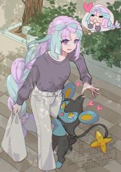 1girl bag blue_hair bow-shaped_hair closed_eyes game_freak gen_4_pokemon grey_shirt heart holding holding_bag iono_(pokemon) long_hair long_sleeves luxio mizuiro123 multicolored_hair nintendo open_mouth pants pink_hair pokemon pokemon_(creature) pokemon_sv purple_eyes shirt two-tone_hair white_pants