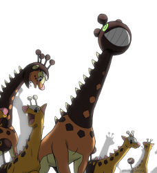 antennae do9bessa evolutionary_line fangs farigiraf gen_2_pokemon girafarig highres long_neck looking_at_another multiple_heads nintendo no_humans open_mouth pokemon pokemon_(creature) sharp_teeth simple_background smile spines teeth white_background