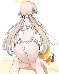 1girl ass back bare_back bent_over bikini facing_away frilled_bikini frills from_behind halo hifumi_(blue_archive) hifumi_(swimsuit)_(blue_archive) highres innertube kenken_(keuken) kneeling kneepits knees_together_feet_apart light_brown_hair long_hair low_twintails off-shoulder_bikini off_shoulder official_alternate_costume outdoors ribbon-trimmed_bikini ribbon-trimmed_swimsuit ribbon_trim sand side-tie_bikini_bottom solo swim_ring swimsuit thigh_gap trefoil twintails white_background white_bikini yellow_halo